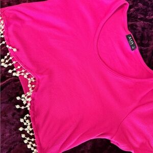 Hot Pink Pearl-Trim Crop Top